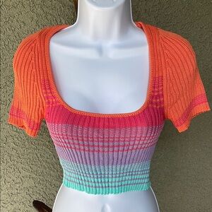 No.169 Fashion Nova Orange and Pink Ribbed Crop Top Size Small